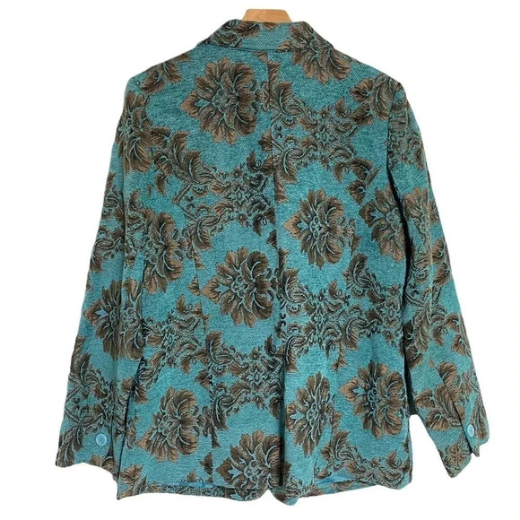 Denim & Co. M teal & brown tapestry4 button blazer coat - Picture 3 of 5